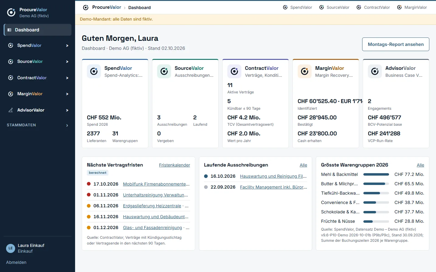 Tableau de bord ProcureValor : tous les modules d'un coup d'œil, échéances et appels d'offres en cours.